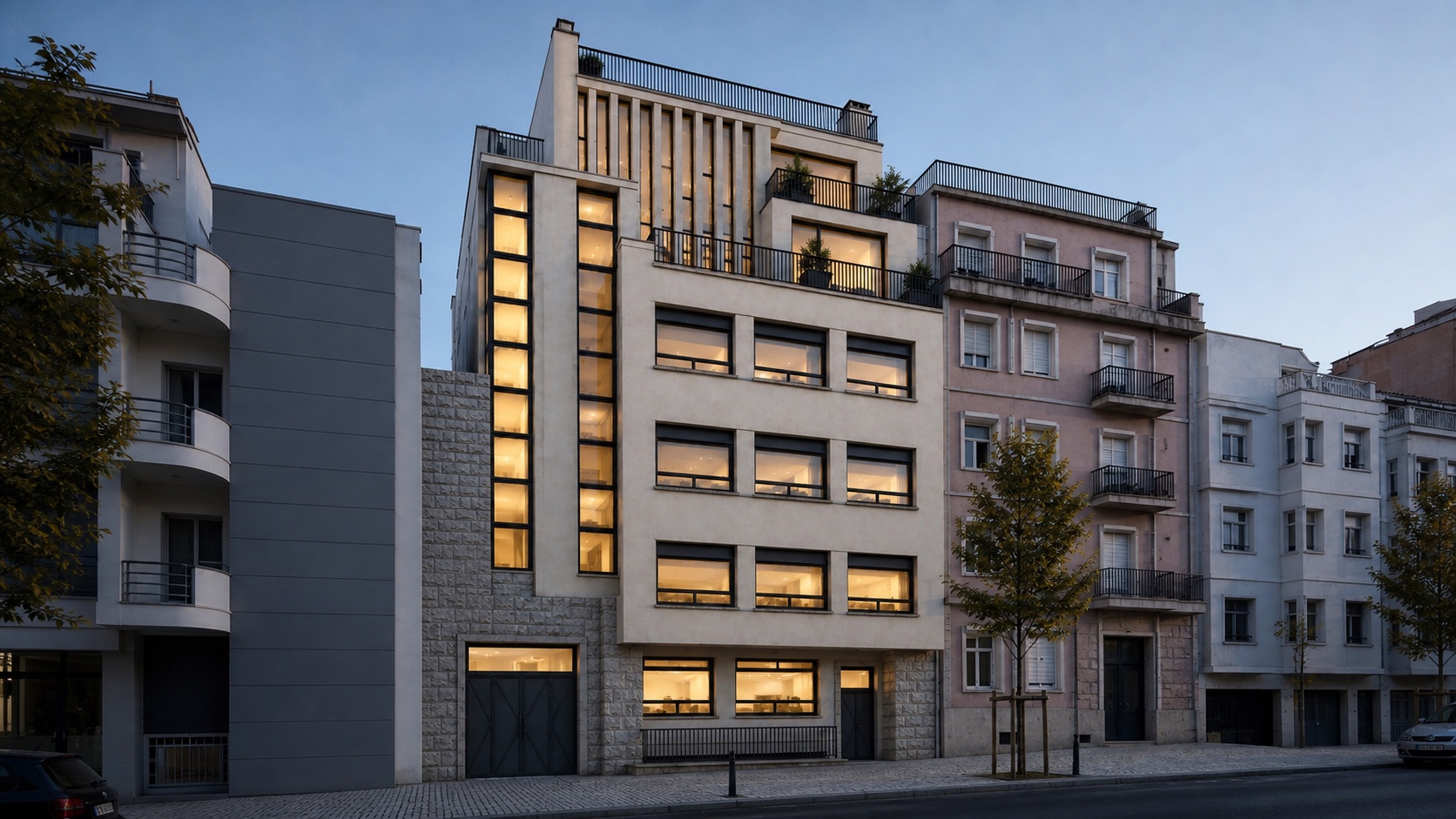 Damasceno Monteiro, rehabilitated façade at dusk, Arroios