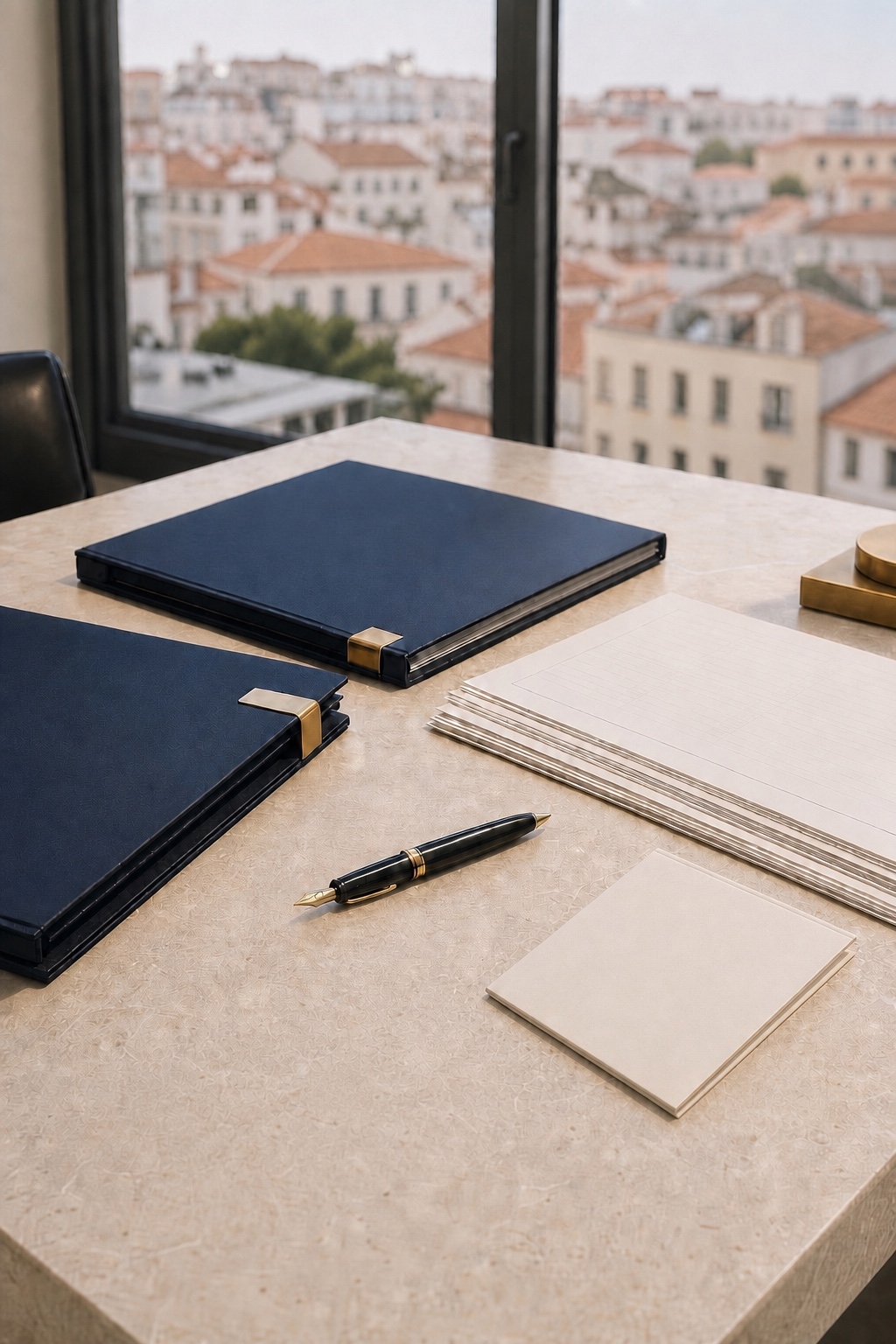 Contemporary project-financing folios and documents overlooking Lisbon